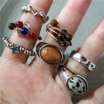 DAIIIBABYYY  -  New Fashion Vintage Brown Spotted Tiger Eye Stone Rings For Women Silver Color Irregular Round Open Ring Aesthetic Jewelry Gift